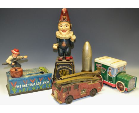 A Punch cast money box; The One That Got Away money box; a Marks and Spencer toffee tin; trench art  money box; a Fire engine