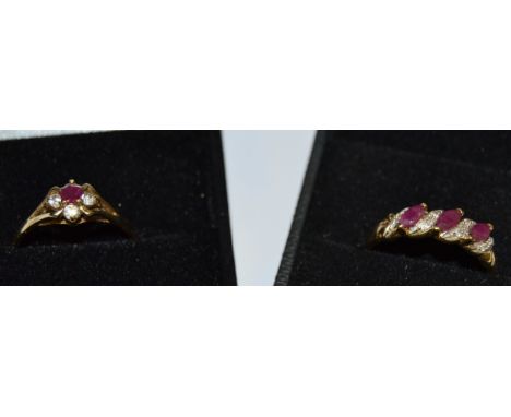 A 9ct gold ruby and diamond chip ring; another 9ct  gold ruby and cz, cluster ring, (3.6g total) (2)