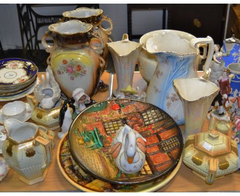 Ceramics - a Victorian Staffordshire blush ivory and gilt four piece tea service; Goebel Hummel bisque porcelain swans; a pai