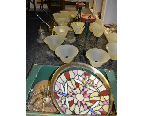 Lighting - a pair of contemporary eight branch chandeliers; decorative brass three branch wall light; another (4)