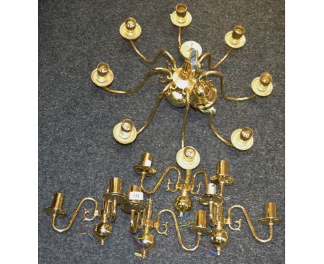 Lighting - a gilt metal seven light ceiling light;  three two-light wall light