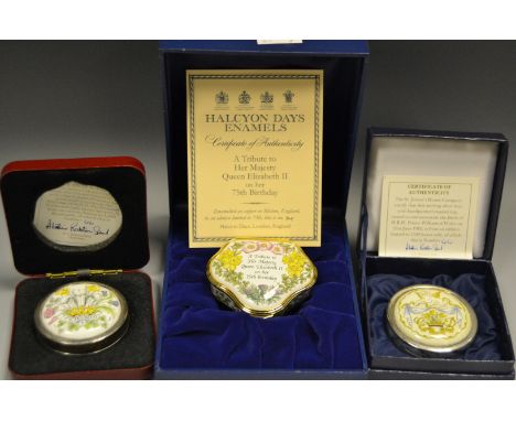 A Halcyon Days Enamel box commemorating the Queens 75th birthday limited edition, boxed, certificate; a sterling silver  enam