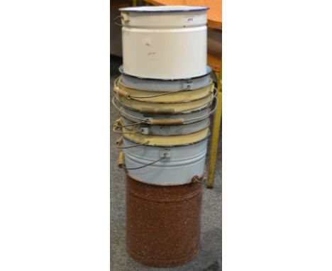 A set of nine French enamel buckets , swing handles 