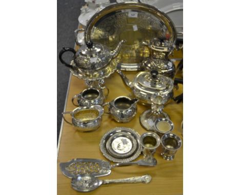 Silver Plated Ware - a three piece silver plated tea service embossed with Roses and thorny stems; a conforming twin handled 