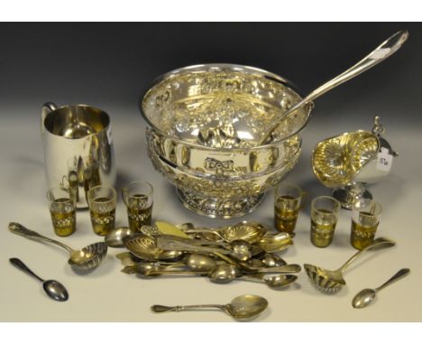 Silver and Silver Plate - a silver plated punch bowl, embossed with ribbon tied bows and floral swags; a punch ladle; a table