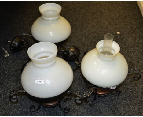 Lighting - three oil lamp effect ceiling lights  milk glass shades