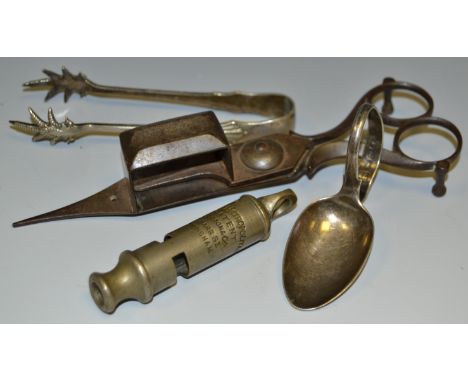 A silver caddy spoon; a Police whistle; George III candle snuffers; etc
