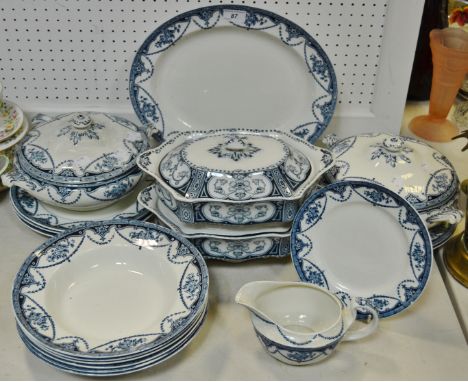 Blue and White Ceramics- a Universal part dinner service comprising tureens and covers, soup bowls, ladle; etc
