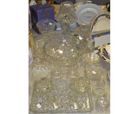 **Combine with line 2**Glassware - an early 20th century cut glass and acid etched table lamp; a pressed glass dressing table