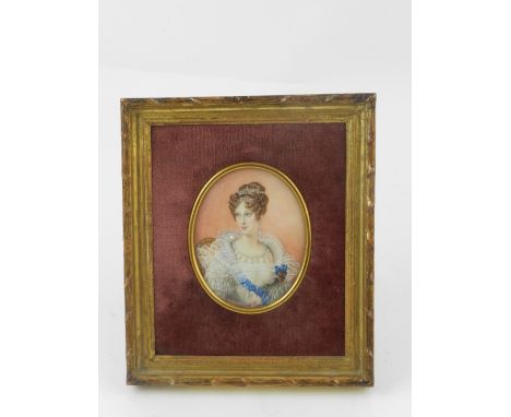 An early 20th century head and shoulder portrait of Maria Louise Dirarime? wearing a tiara and lace gown with blue sash. H: 7
