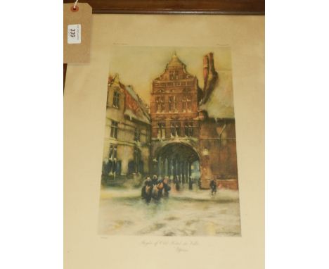 A polychrome lithograph, an architectural townscape of Ypres H.31cm W.20cm