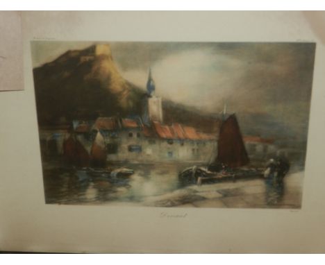 After Edwards (Late 19th century French School), study of a harbour scene at Dinant, polychromatic lithograph. H.21cm W.31cm 