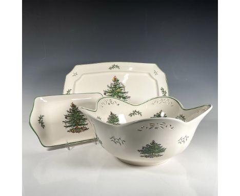 This ceramic 3 piece set features two rectangular serving trays, one small and one large, accompanied by a pierced punch bowl