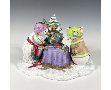 Hand painted cold cast resin porcelain by Lynn Bywaters, this whimsical snowman features a color changing led crystal ball an