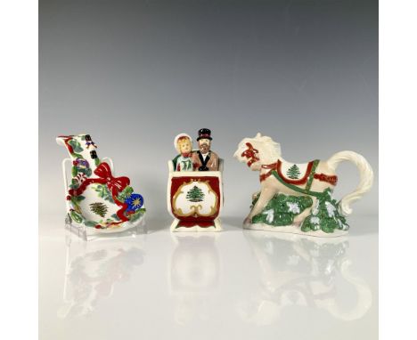 Glossy Ceramic set including a spoon rest, a sugar jar and a creamer. The spoon rest features a large red bowl and festive Ch
