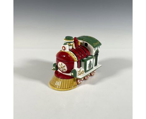Glossy, hand painted Train Engine covered jar, decorated with snow flakes and red, green and white color pattern with gold fi