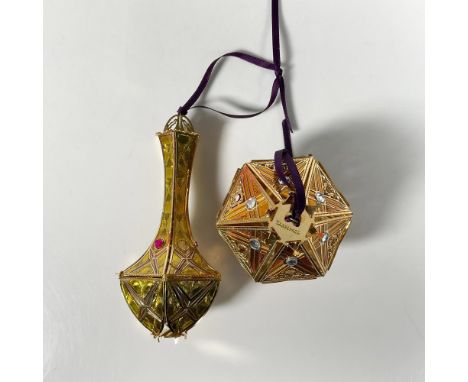 Handcrafted pair of ornaments featuring the Golden Diamond Cut Top, with intricate gilded geometric designs and clear crystal