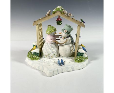 This resin piece is hand painted with wood textures, features two snowmen holding hands under a festive garland, surrounded b