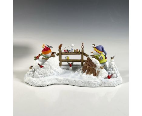 Exquisitely crafted and hand painted resin featuring a charming snowman scene with playful snowmen, birds, and a lively snowb
