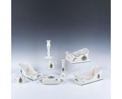 A set of two small sleigh centerpieces, 1 sleigh bowl, 2 candle holders, a set of 2 teapot salt and pepper shakers, and 1 cov