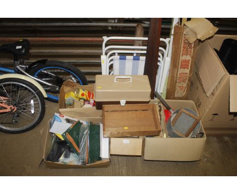 A large quantity of miscellaneous items to include two folding deck chairs, a vintage roof rack, saucepan, wooden tray, elect