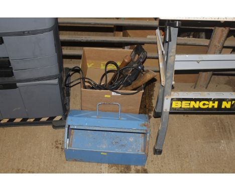 A small metal tool box with interior tray and box containing further tools to include Black & Decker KD561 drill, handsaws an