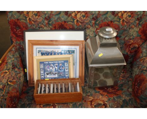A candle lantern, an Ipswich Town print, an England 1966 World Cup print, number cards, wooden box etc.