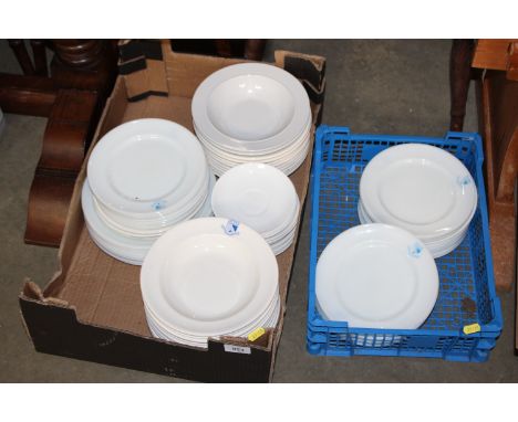 Two boxes containing various Pyrex plates and Ashworth Rose china