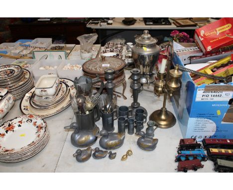 A collection of various metal ware to include copper saucepan on stand, a pair of pewter candlesticks, a quantity of pewter s