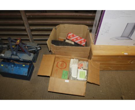 Two boxes of various tools to include broom heads, pipe wrench, gloves, electrical sockets, switches etc