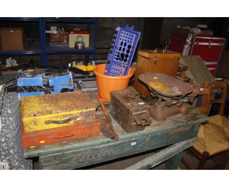 A quantity of various items including metal ammo tin, a set of W &amp; T Avery Ltd weighing scales, 7lb and 14lb square weigh