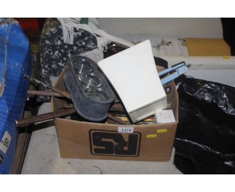 A box containing various items to include a small cast iron trough, brushes, files, stapler, leather polish etc