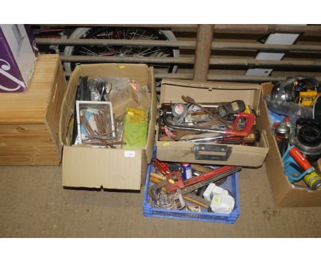 Three boxes of various tools including nails, cable ties, handsaw, spanners, pipe wrench etc
