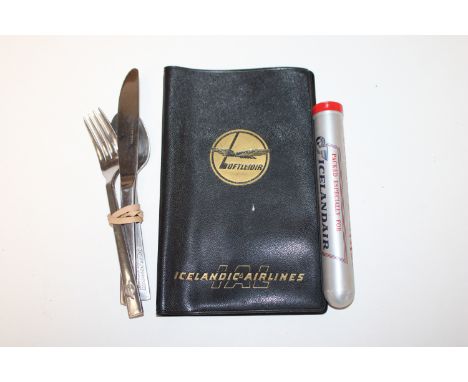A 1960s or 70s Lostleidir wallet, stainless steel cutlery and a cigar tube