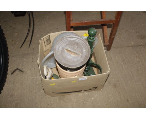A small box of various items including terracotta pot, painted cast iron doorstop in the form of geese, a glass lampshade, ha