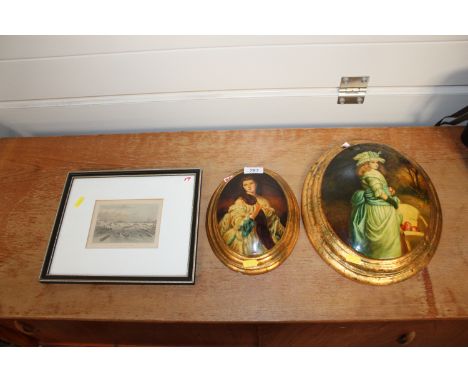 A coloured print of London Bridge together with two portrait studies of females