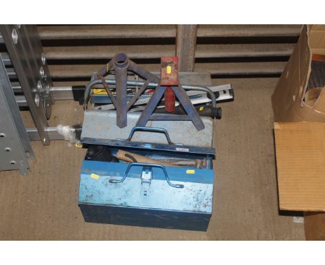 A metal tool box with interior tray and contents of various tools including spanner and hammers etc and another cantilever to