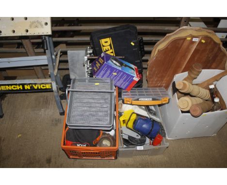 A quantity of various tools including DeWalt tool box (empty), spool of twine, oil cans, hand held torch, body sculpture 6kg 