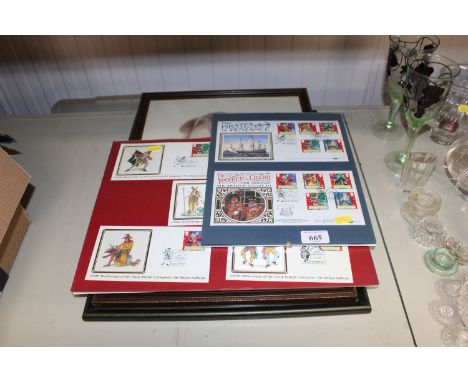 A framed and glazed portrait study, a lace study and a quantity of glazed First Day Covers