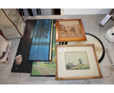 A marquetry panel indistinctly signed and dated 1937, a watercolour study of sailing boats contained in ebonised frame, a gil