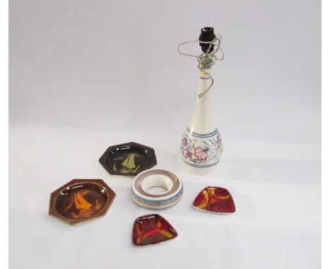 A collection of Poole Pottery including traditional lamp, Delphis and Aegean dishes and contemporary posy ring. Tallest 27cm 