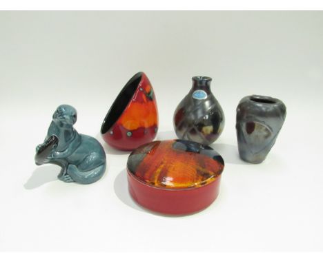 A collection of Poole Pottery including modern Living glazes - Candle holder, lidded pot, two vases and a blue glazed figure 