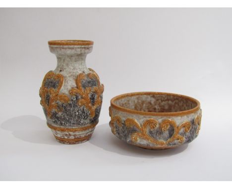 A Nuovo Rinascimento Italian ceramic vase and bowl in terracotta and white colour glazes, relief moulded detail, marks to bas