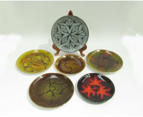 Six Poole Pottery Aegean range plates of various patterns, largest 25cm diameter 
