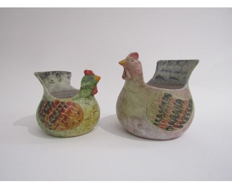 Two hand painted 'Italica Ars Pottery' ceramic stylised chicken vases, circa 1980's, tallest 13cm 
