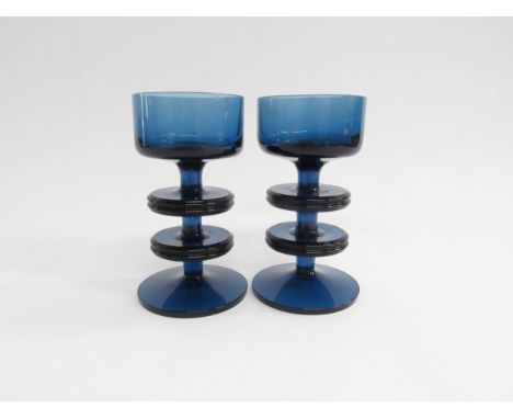 A pair of blue Wedgwood glass 2 ring Sheringham candle holders by Ronald Sennett-Willson, etched mark to base,  12.5cm high 