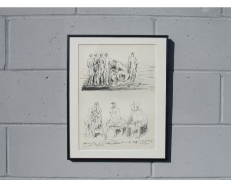 A framed and glazed lithograph after Henry Moore, sketched figures.  Un-signed and un-numbered.  Image size 42.5cm x 31cm 