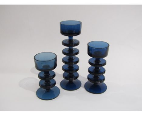 Three Sheringham candleholders in blue glass 1 x 5 ring, 1 x 3 ring and 1 x 2 ring, designed by Ronald Stennett-Willson for W