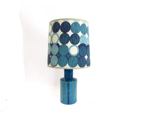 A Bitossi Pottery table lamp in Rimini Blu and green colours with vertical dot detail, with shade. Height to top of lamp 25.5