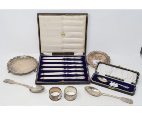 Two silver waiters, inscribed, assorted silver flatware and other items, approx. 27.5 ozt (weighable silver)

 